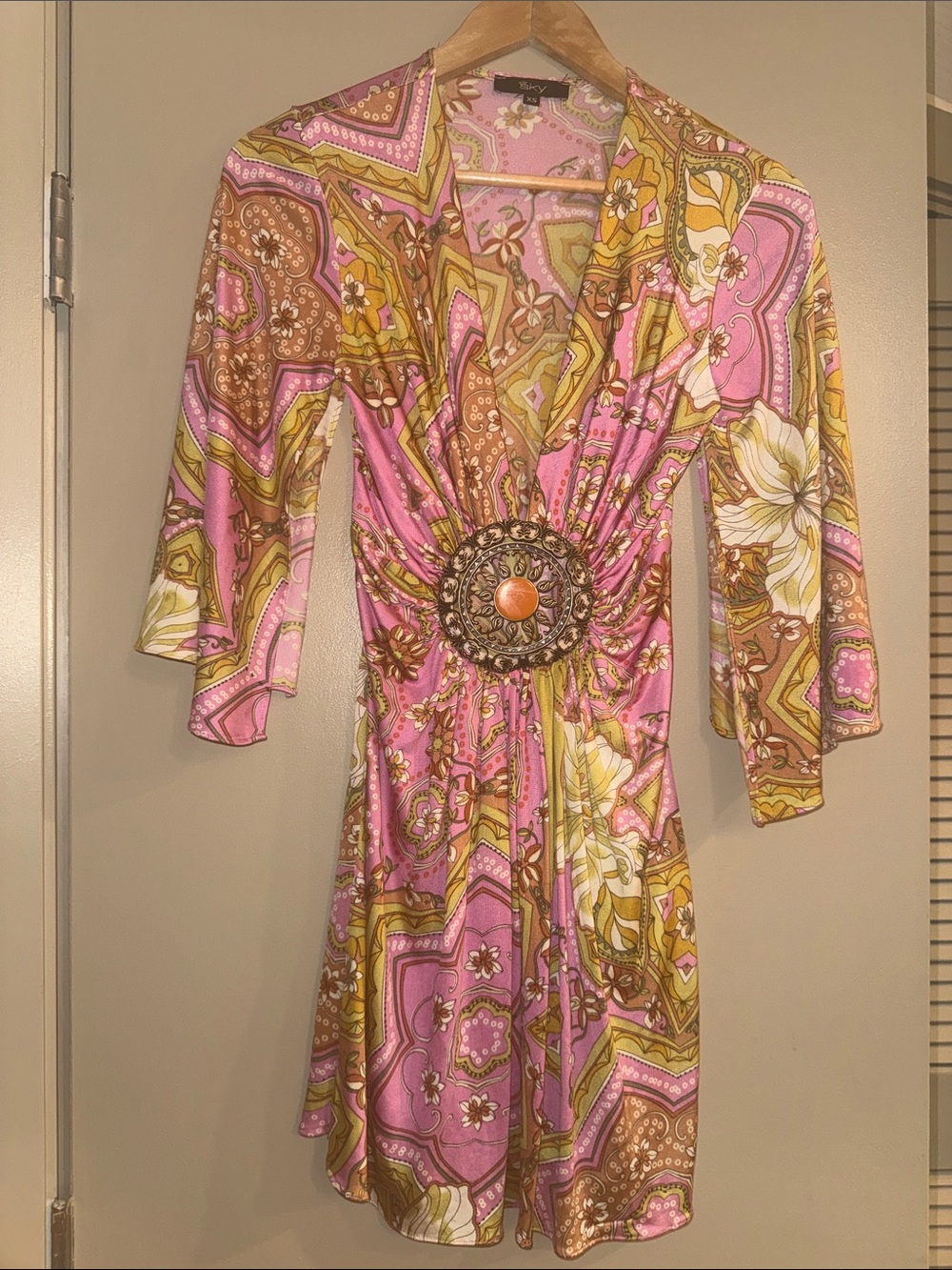 Sky Pink & Gold Paisley Mini Dress with Decorative Waist Medallion